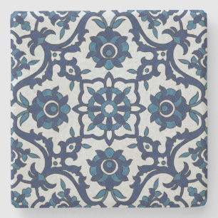 Blue Portuguese Azulejos Floral Tile Pattern Stone Coaster