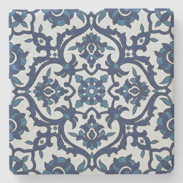 Blue Portuguese Azulejos Floral Tile Pattern Stone Coaster (Front)