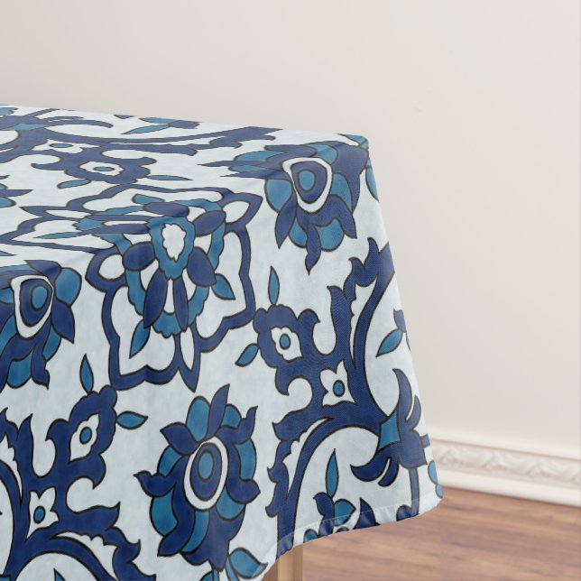 Blue Portuguese Azulejos Floral Tile Pattern Tablecloth (In Situ)