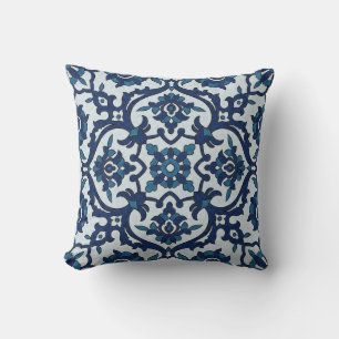 Blue Portuguese Azulejos Floral Tile Pattern Throw Pillow