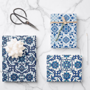 Blue Portuguese Azulejos Floral Tile Pattern Wrapping Paper Sheet