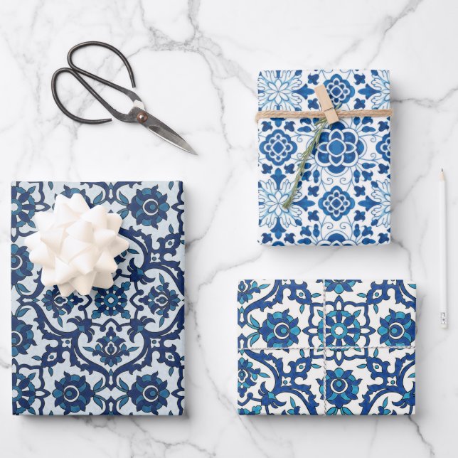 Blue Portuguese Azulejos Floral Tile Pattern Wrapping Paper Sheet (Front)