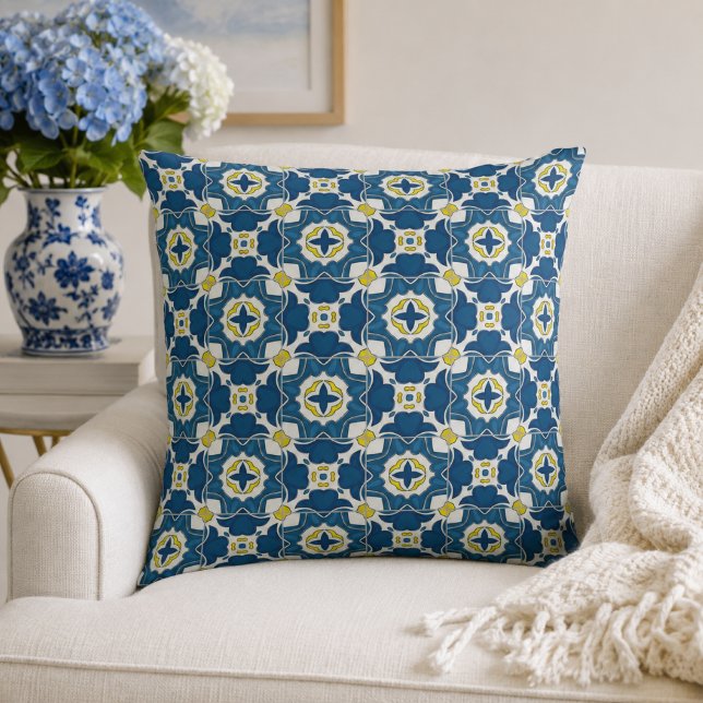 Blue Portuguese Tile Mediterranean Throw Pillow (Creator Uploaded)