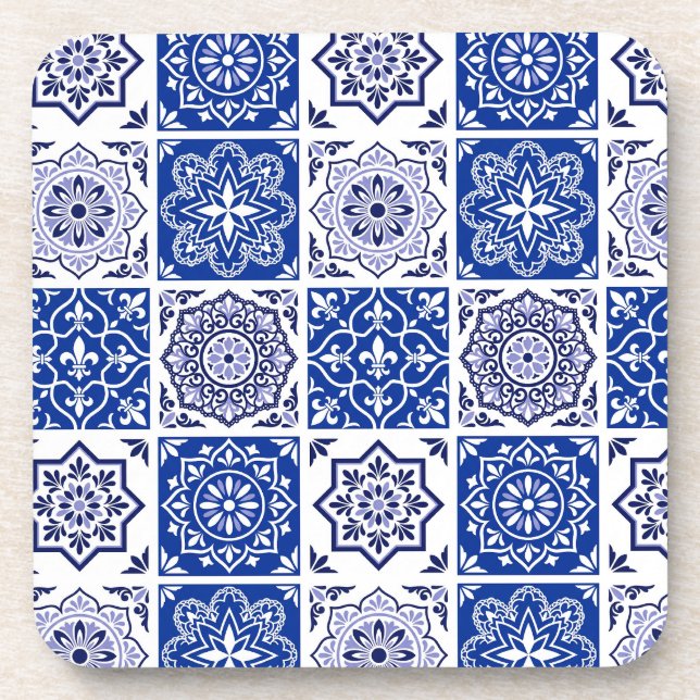 Blue Portuguese Tile Pattern Hard Plastic Coaster (Front)