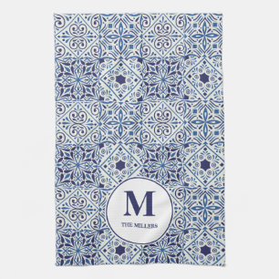 Blue Portuguese Tiles Monogrammed Kitchen Towel