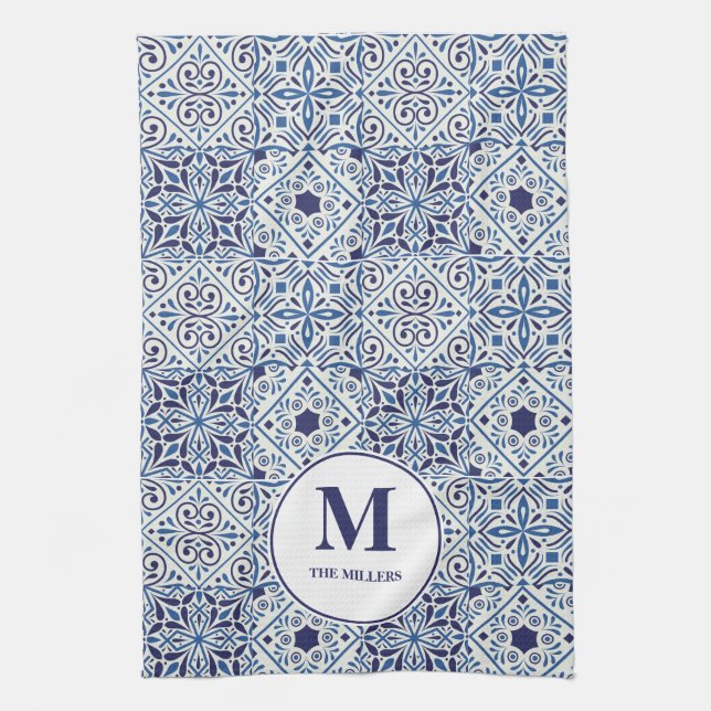 Blue Portuguese Tiles Monogrammed Kitchen Towel (Vertical)