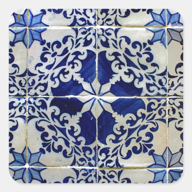 Blue, Portuguese Tiles Square Sticker (Front)