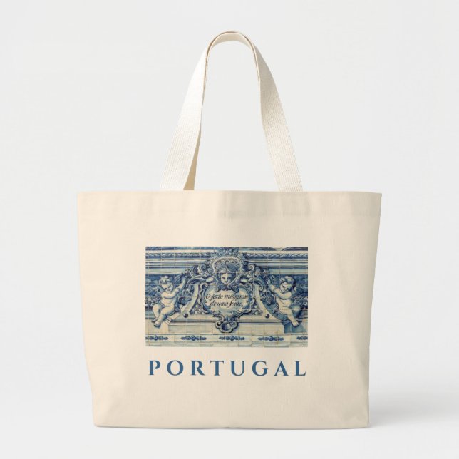Blue Portuguese Tiles with Angels Large Tote Bag (Front)