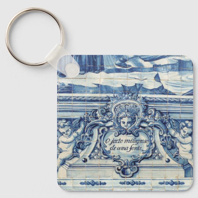 Blue Portuguese Tiles with two angels Keychain (Front)