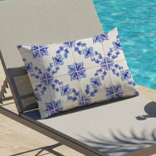 Blue Portuguese Vintage Mosaic Tile Pattern Lumbar Pillow
