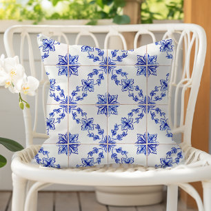 Blue Portuguese Vintage Mosaic Tile Pattern Outdoor Pillow
