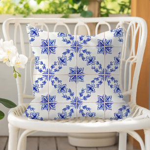 Blue Portuguese Vintage Mosaic Tile Pattern Outdoor Pillow