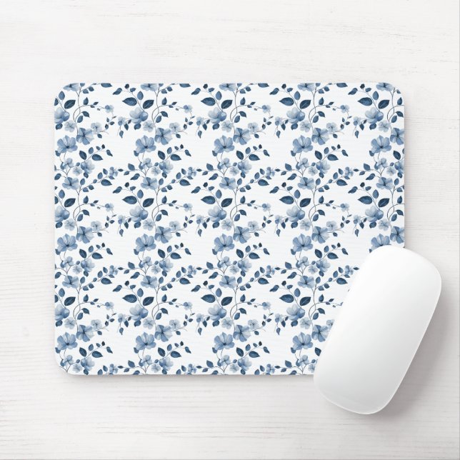 Blue Posies On White Mouse Pad (With Mouse)