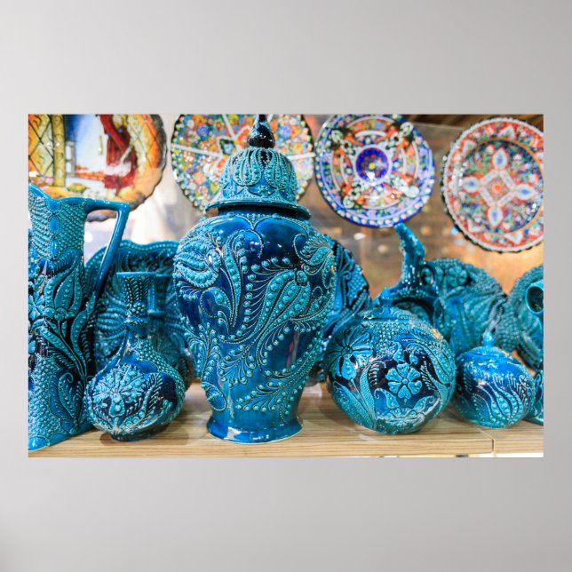 Blue Pottery At Market Poster (Front)