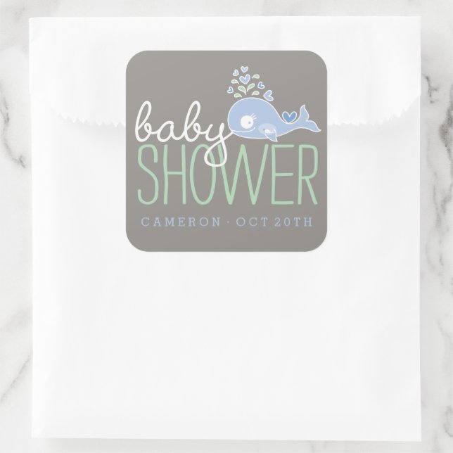 Blue Pregnant Mommy Whale Boy Baby Shower Party Square Sticker (Bag)