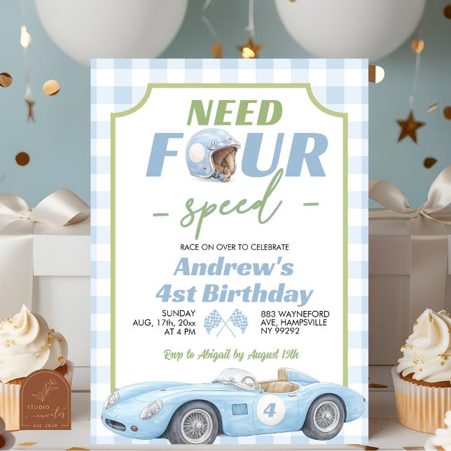 Blue Preppy Retro Need Four Speed Birthday Invitation (Creator Uploaded)