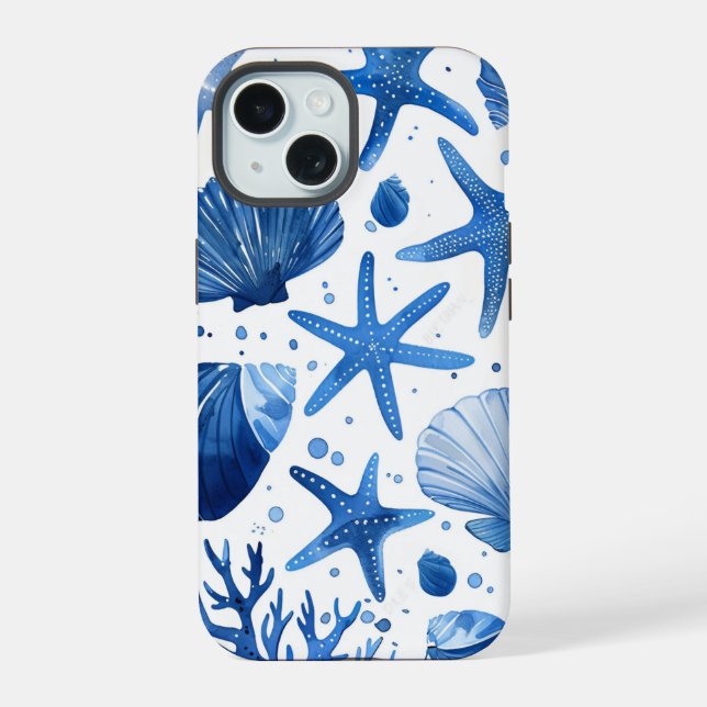 Blue Preppy Shells Starfish iPhone 15 Case (Back)