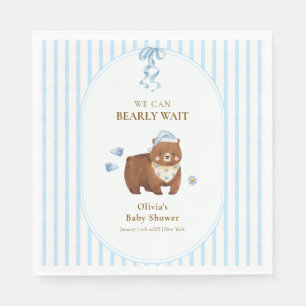 Blue Preppy Stripe We Can Bearly Wait Baby Shower Napkin