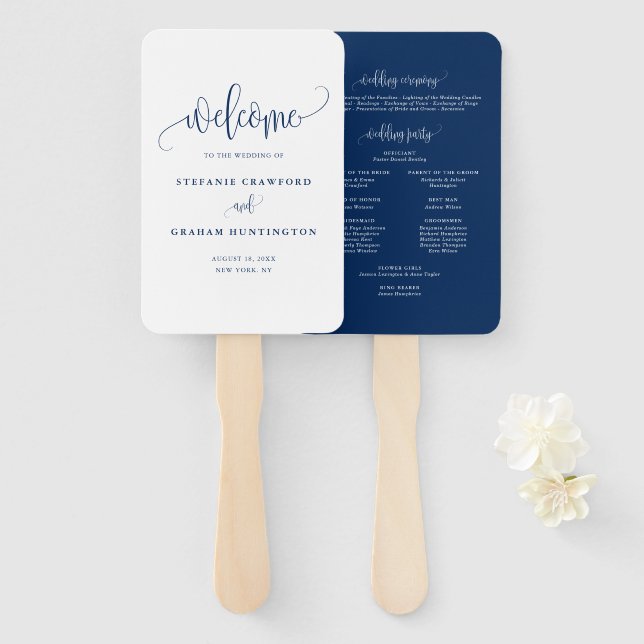 Blue Pretty Calligraphy Script Wedding Program Hand Fan (Front and Back)
