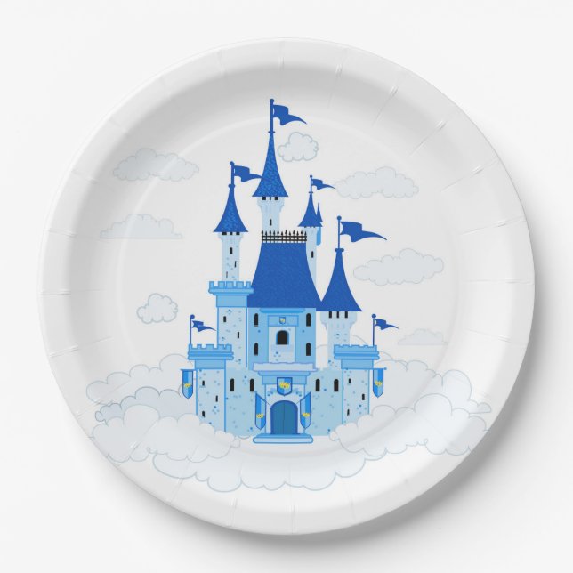 Blue Princess Castle Personalized Girly Paper Plate (Front)