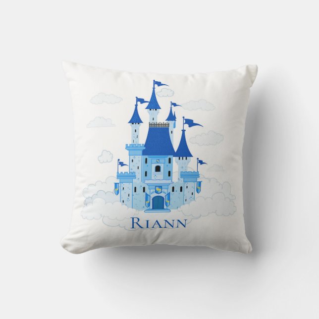 Blue Princess Castle Personalized Girly Throw Pillow (Front)