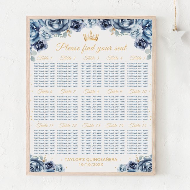 Blue Princess Quinceañera 15 Tables Seating Chart (Creator Uploaded)