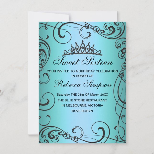 Blue Princess Sweet 16 Anniversaire Invitation (Devant)