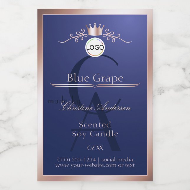 Blue Product Label Rose Gold Frame Logo Monogram (Single Label)