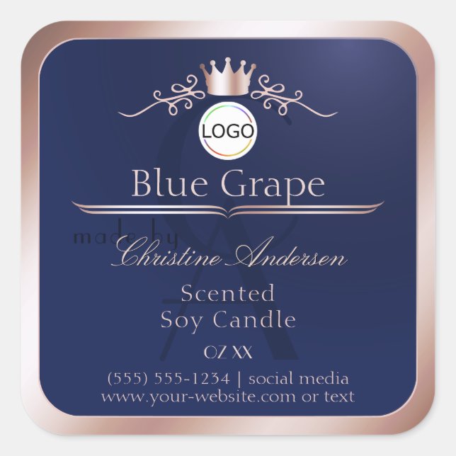 Blue Product Label Rose Gold Frame Logo Monogram (Front)