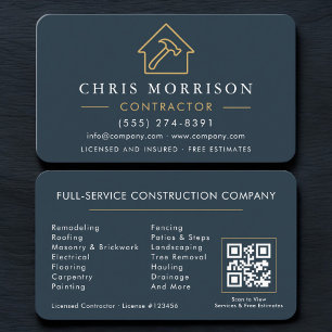 Blue Professional Contractor & Builder QR Code Business Card