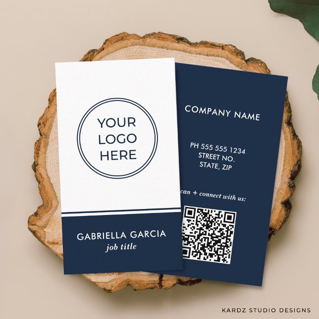 Blue Professional QR Code Logo Business Card (Front and back of the business card are shown in standard size. Choose size, corner + paper style.)