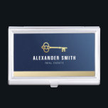 blue professional real estate realtor  business card holder<br><div class="desc">blue professional with white text and gold key. The text features can be customized.</div>