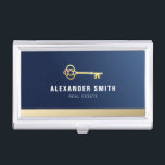 blue professional real estate realtor  business card holder<br><div class="desc">blue professional with white text and gold key. The text features can be customized.</div>