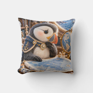Blue Puffin Nautical Map Room Globe Throw Pillow