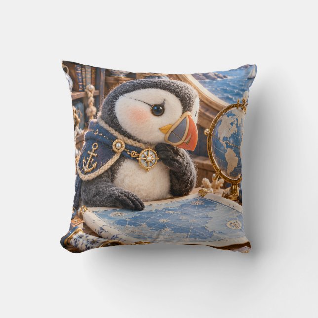 Blue Puffin Nautical Map Room Globe Throw Pillow (Front)