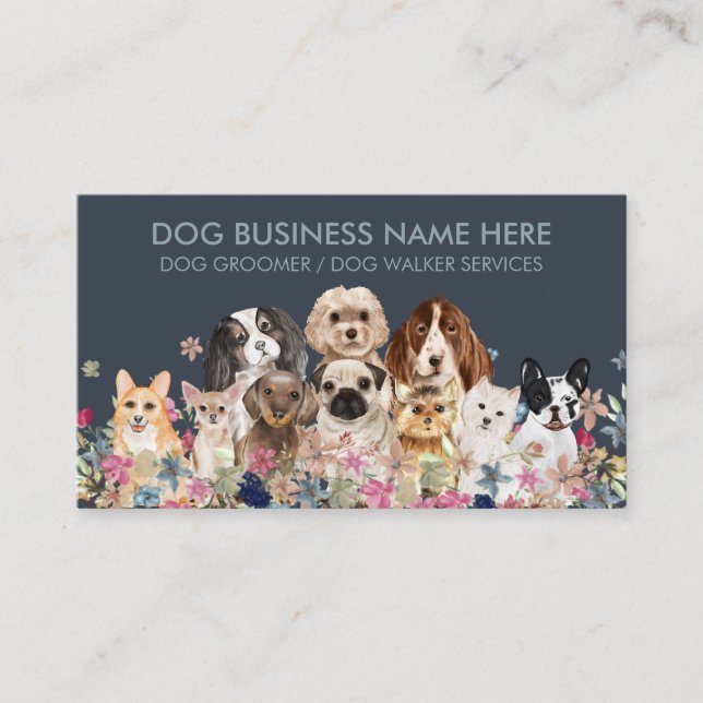 Blue Pug Chihuahua Corgi Poodle Bulldog Dogs Business Card (Front)