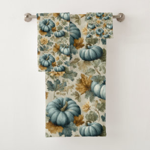 Blue Pumpkin and Autumn Leaves Fall Pattern Bath Towel Set