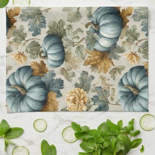 Blue Pumpkin and Autumn Leaves Fall Pattern Kitchen Towel (Folded)