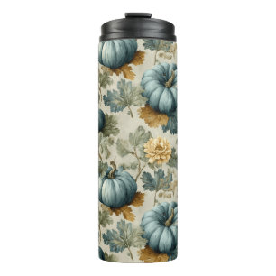 Blue Pumpkin and Autumn Leaves Fall Pattern Thermal Tumbler