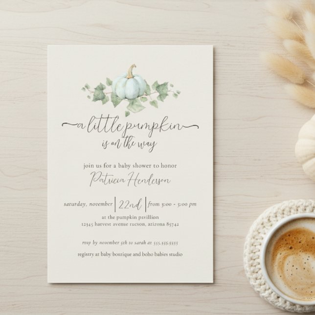 Blue Pumpkin Baby Shower Gender Neutral Invitation (watercolor pumpkin fall theme little pumpkin on the way baby shower invitation)