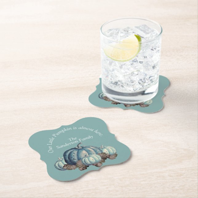  Blue Pumpkin Baby Shower Paper Coaster (Insitu)