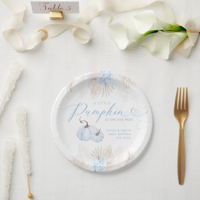 Blue Pumpkin Bow Boho Floral Boy Baby Shower Paper Plate (Wedding)