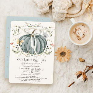Blue Pumpkin Butterfly & Wildflower Birthday Invitation