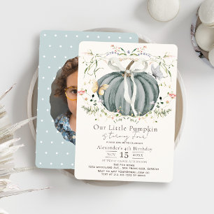 Blue Pumpkin Butterfly & Wildflower Photo Birthday Invitation