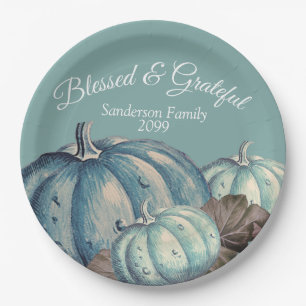  Blue Pumpkin Fall Party Grateful Blessed  Paper Plate