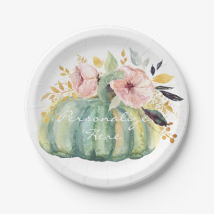 Blue pumpkin floral fall watercolor elegant autumn paper plate