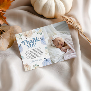 Blue Pumpkin Floral Photo Birthday Thank You Invitation
