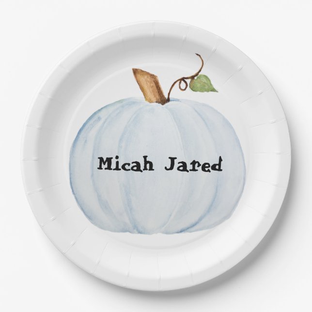 Blue Pumpkin for Birthday or Shower Baby Name Paper Plate (Front)