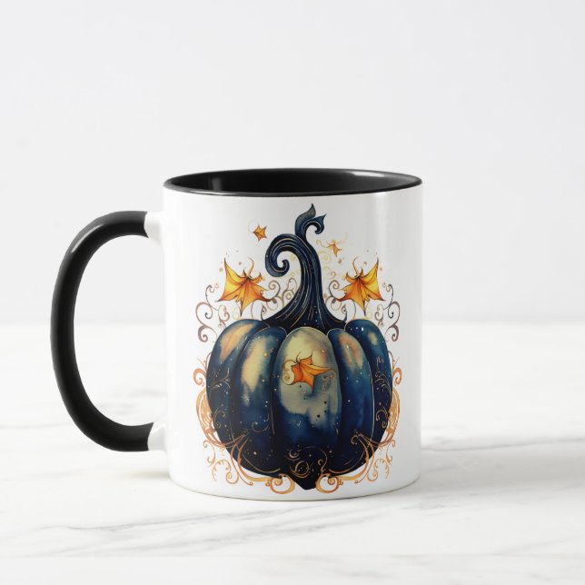 Blue Pumpkin Gold Scrolls Leaves Halloween Mug (Left)