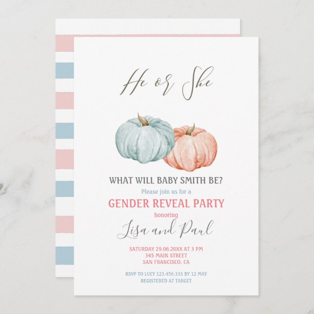 Blue Pumpkin  He or She Gender Reveal   Invitation (Front/Back)